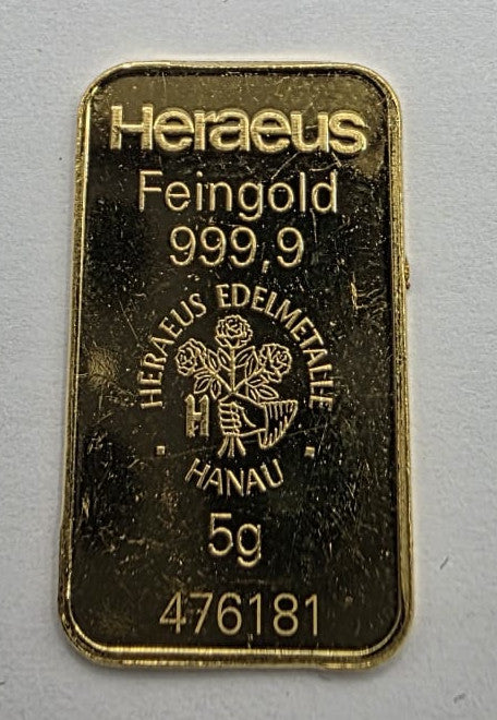 Lingote de Oro Feingold HERAEUS 999.9 24K 5g